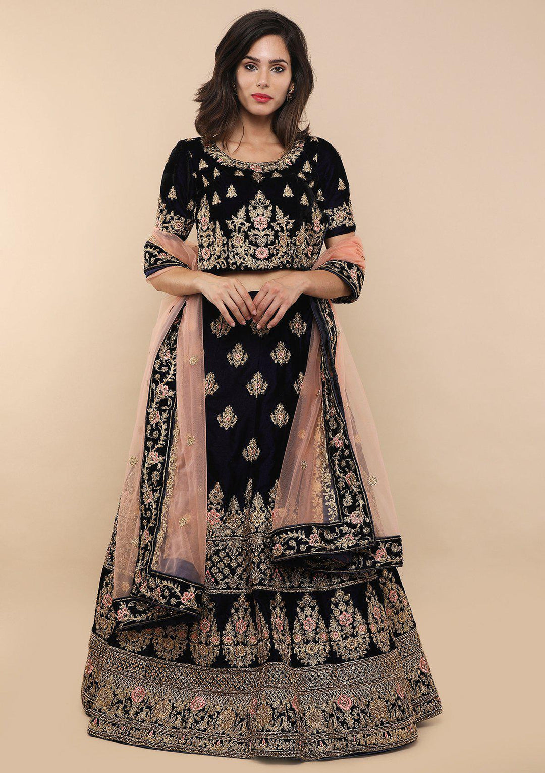 Blue and Pink Velvet Designer Lehenga-Koskii