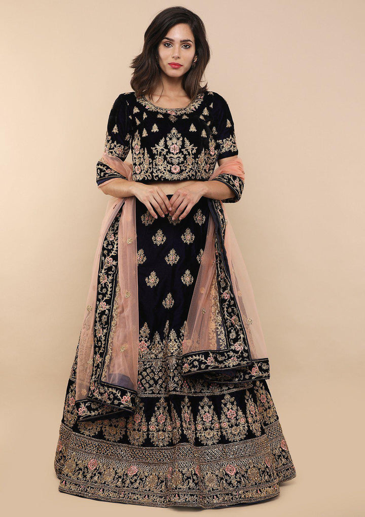 Blue and Pink Velvet Designer Lehenga-Koskii