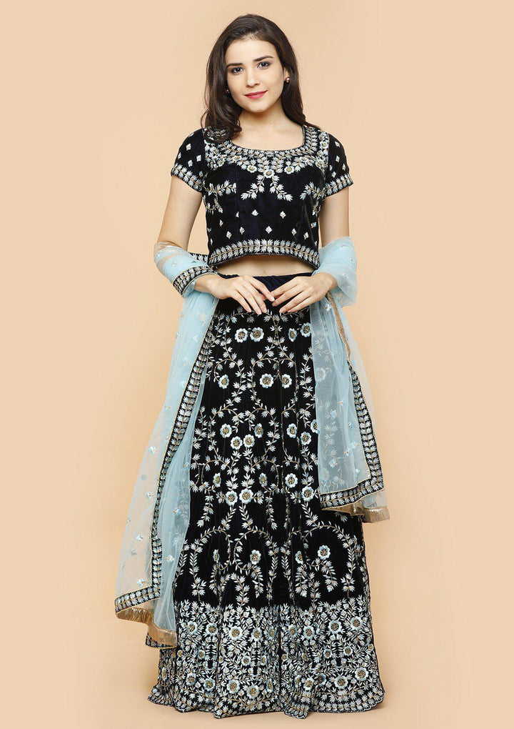 koskii blue floral velvet bridal lehenga-Koskii