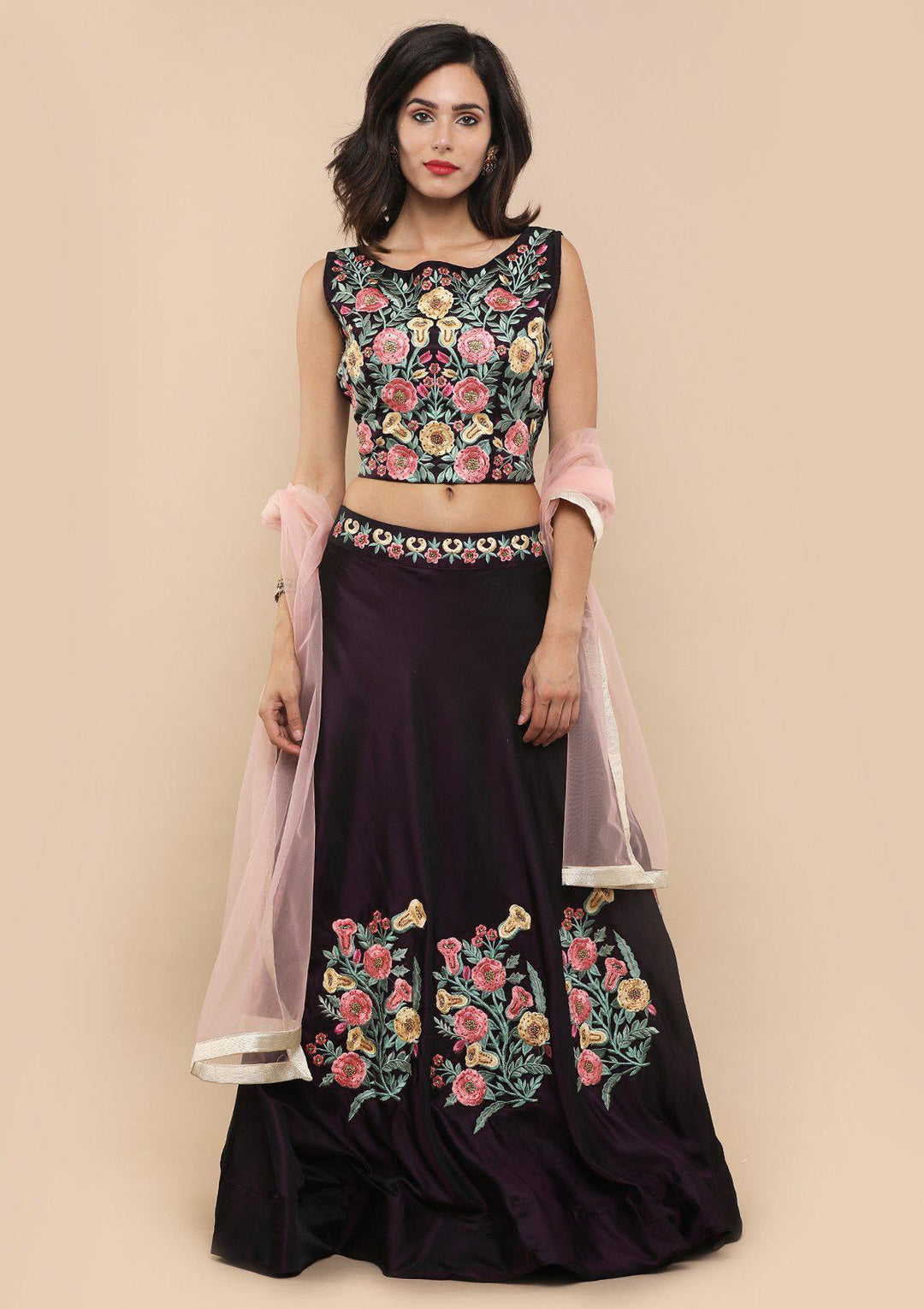 Wine Floral Stone Work Silk Designer Lehenga-Koskii
