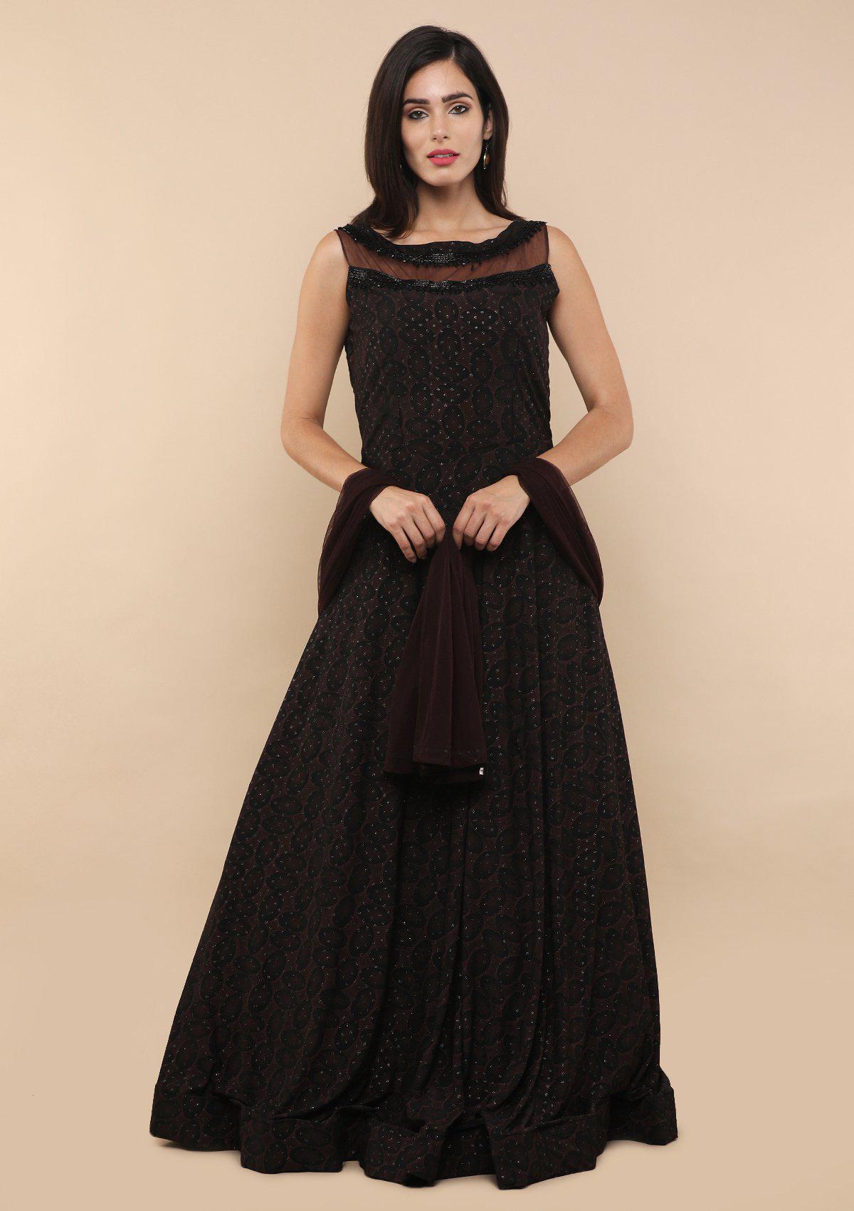 Brown Sheer Net Designer Gown-Koskii