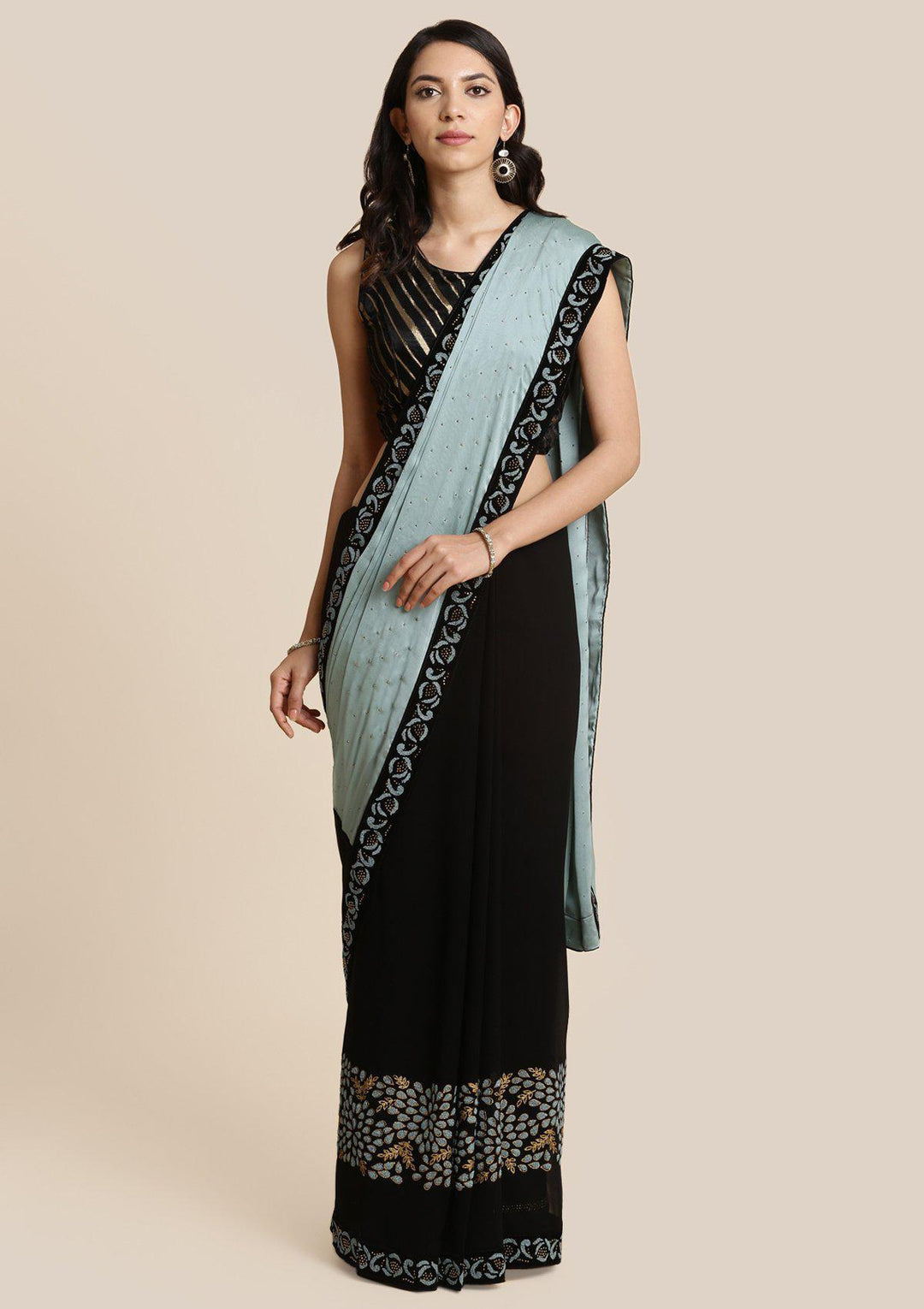 Black and Sea Green Swarovski Georgette Designer Saree-Koskii
