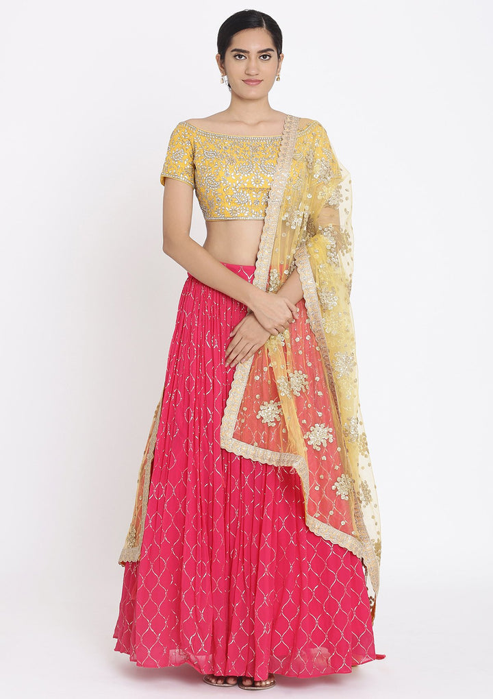 Rani Pink And Yellow Gotapatti Georgette Designer Lehenga - koskii