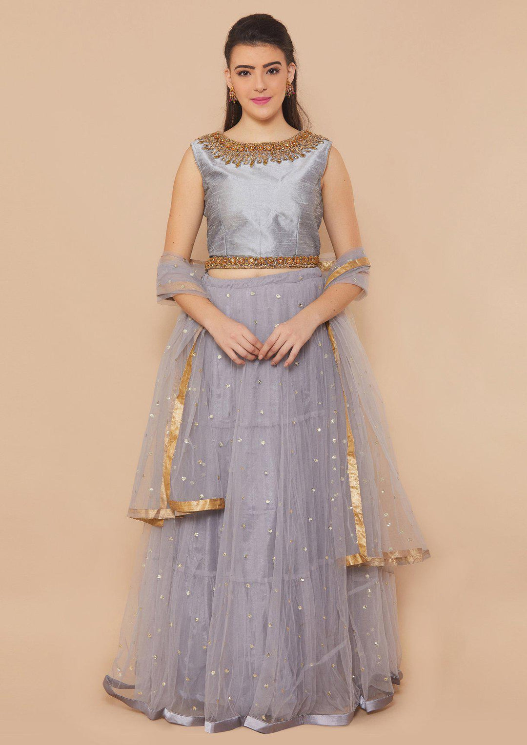 Grey Stonework Net Designer Lehenga-Koskii