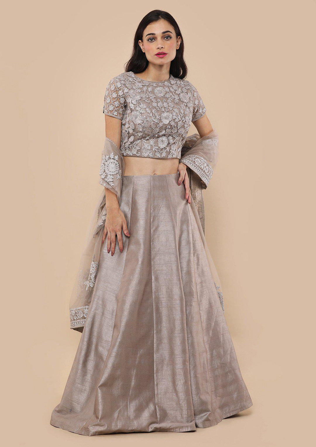 Beige Stone Work Silk Designer Lehenga-Koskii