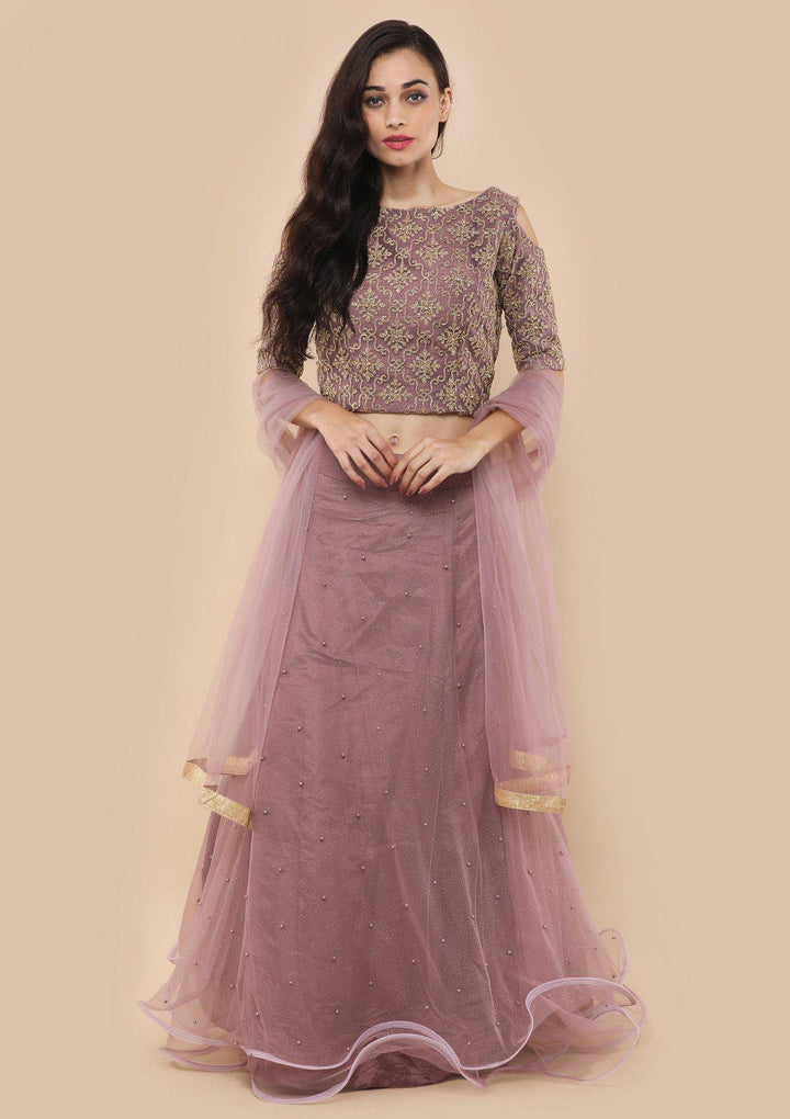 Lavender Pearl Studded Silk Designer Lehenga-Koskii