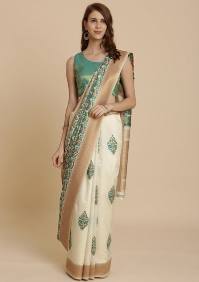 Green and Cream Thread Work Art Silk Designer Saree-Koskii
