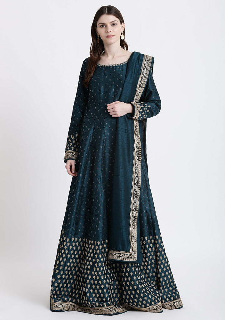 Peacock Blue Zariwork Rawsilk Designer Gown-Koskii