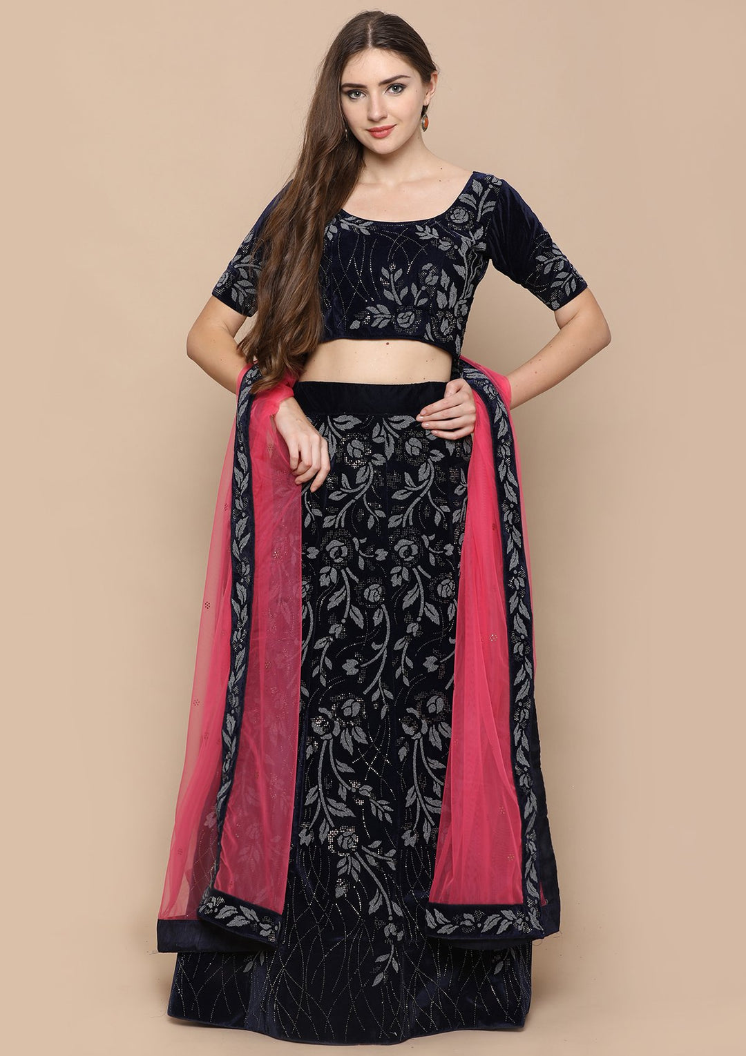 Black Stone Appliqued Velvet Designer Lehenga-Koskii