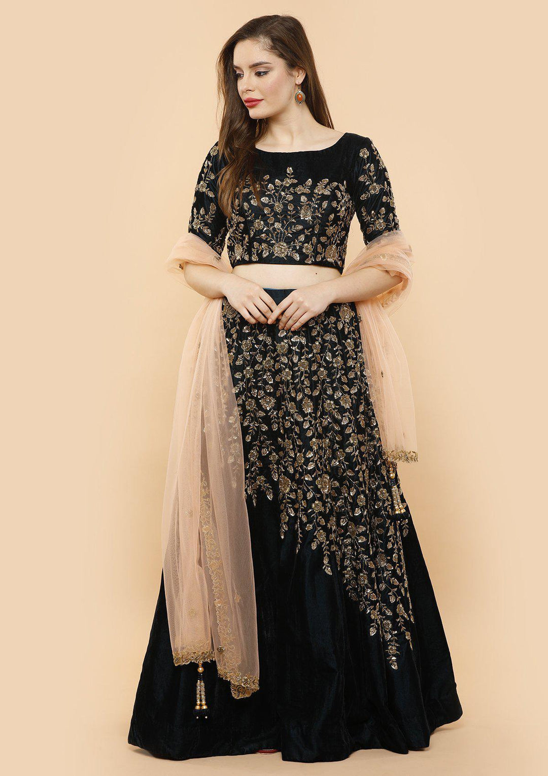 koskii forest green zari velvet bridal lehenga-Koskii