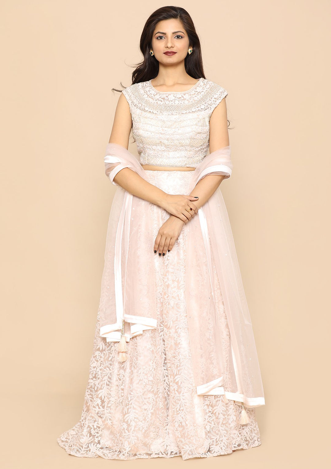 Pink Pearl Embellished Satin Designer Lehenga-Koskii