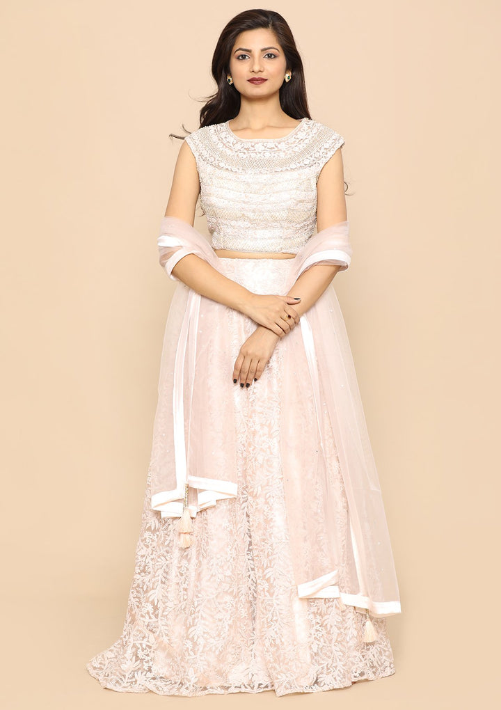 Pink Pearl Embellished Satin Designer Lehenga-Koskii