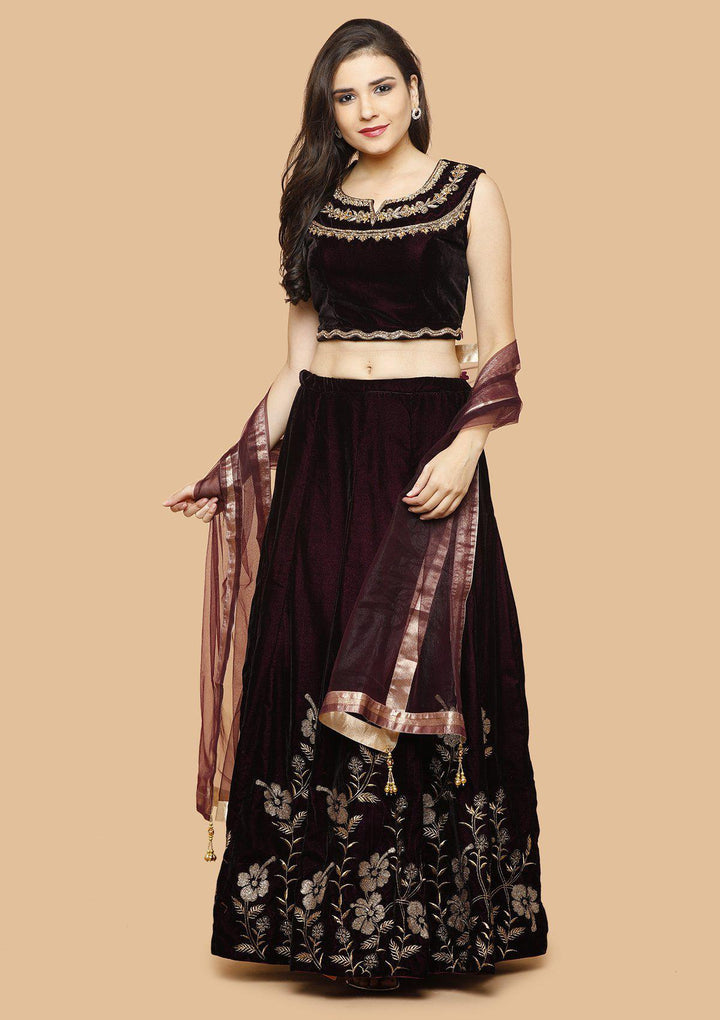 Wine and Maroon Embellished Velvet Designer Lehenga-Koskii