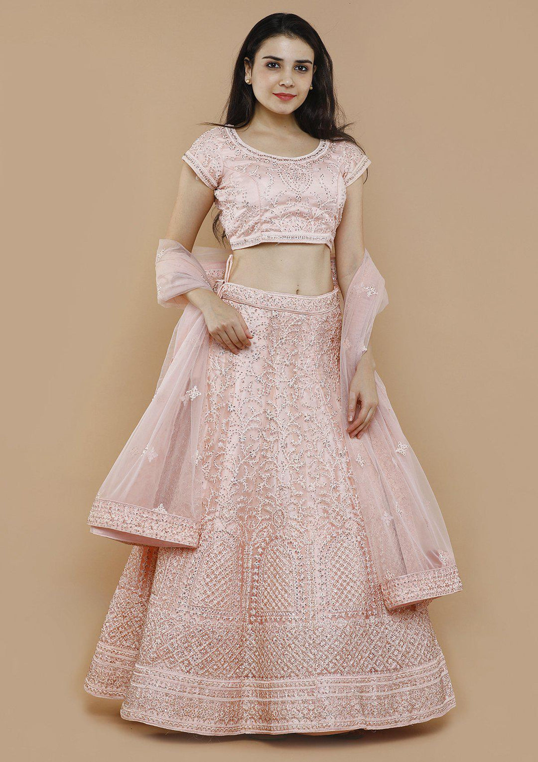 Pink Embellished Net Designer Lehenga-Koskii