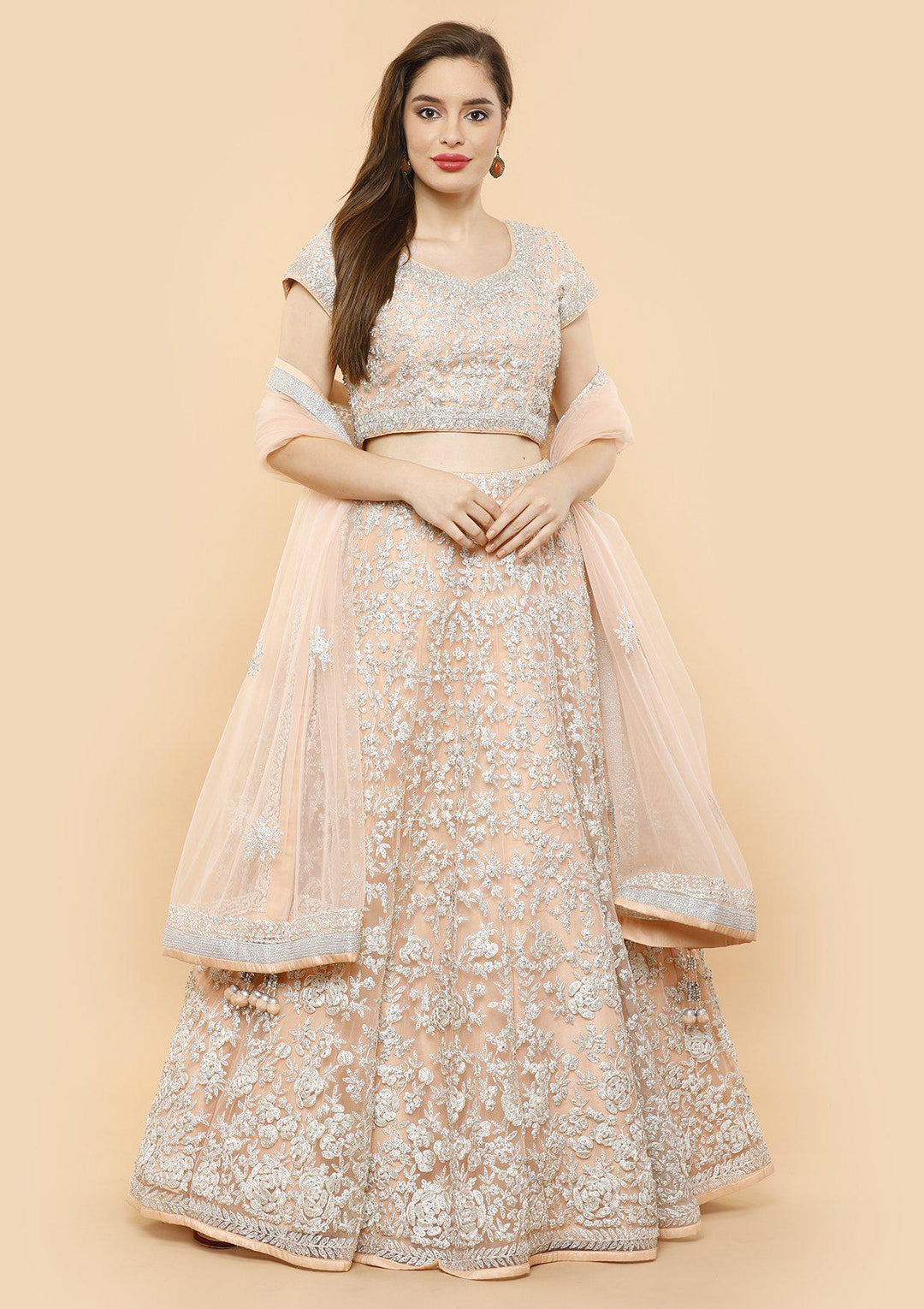 Peach Thread Work Net Designer Lehenga-Koskii