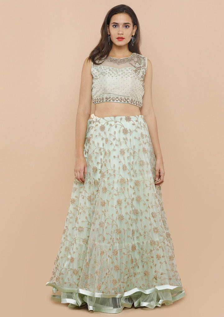 koskii seafoam green and gold net lehenga-Koskii