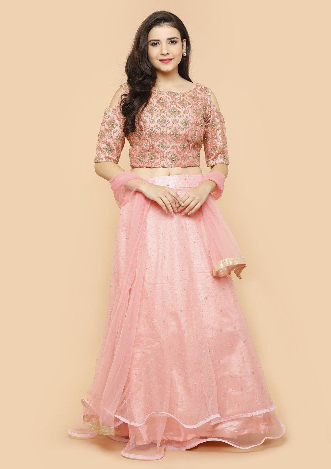 Coral Pink Pearl Silk Designer Lehenga-Koskii
