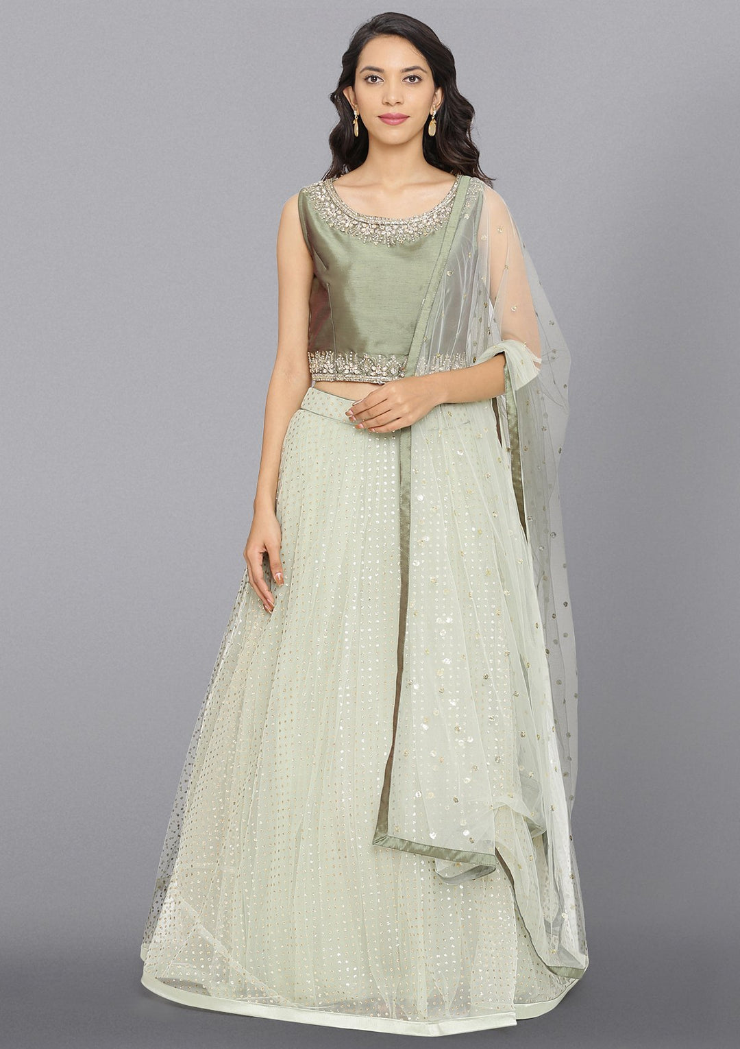 Pista Green Stonework Net Designer Lehenga-Koskii