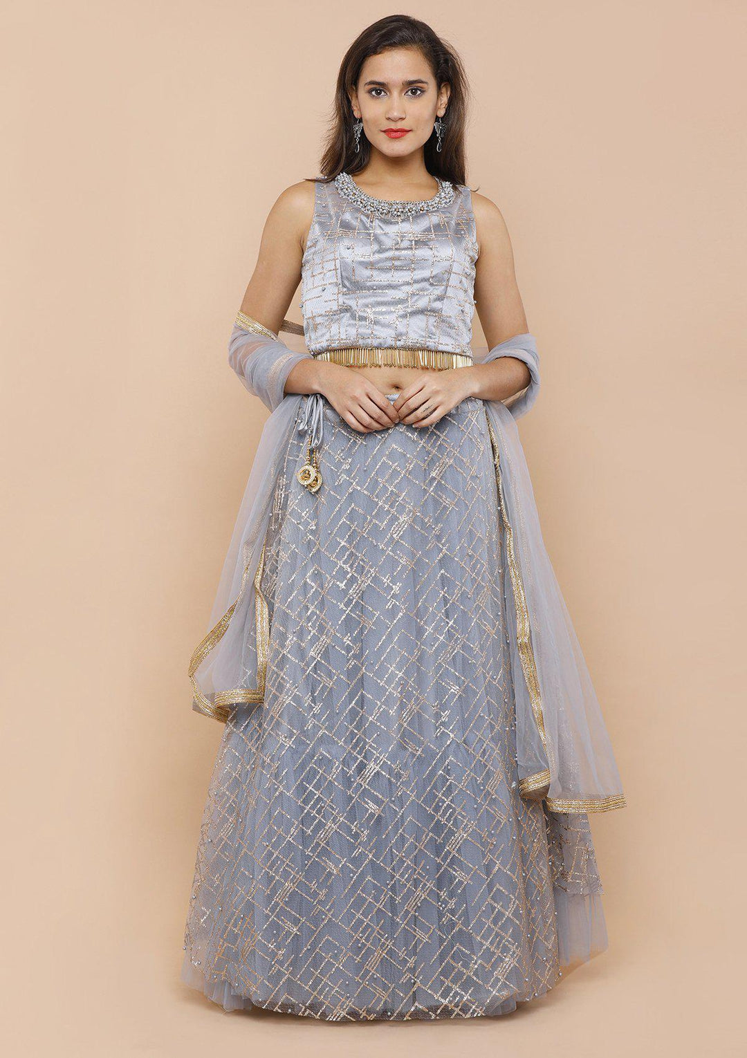 Koskii grey Pearlwork Net Lehenga-Koskii