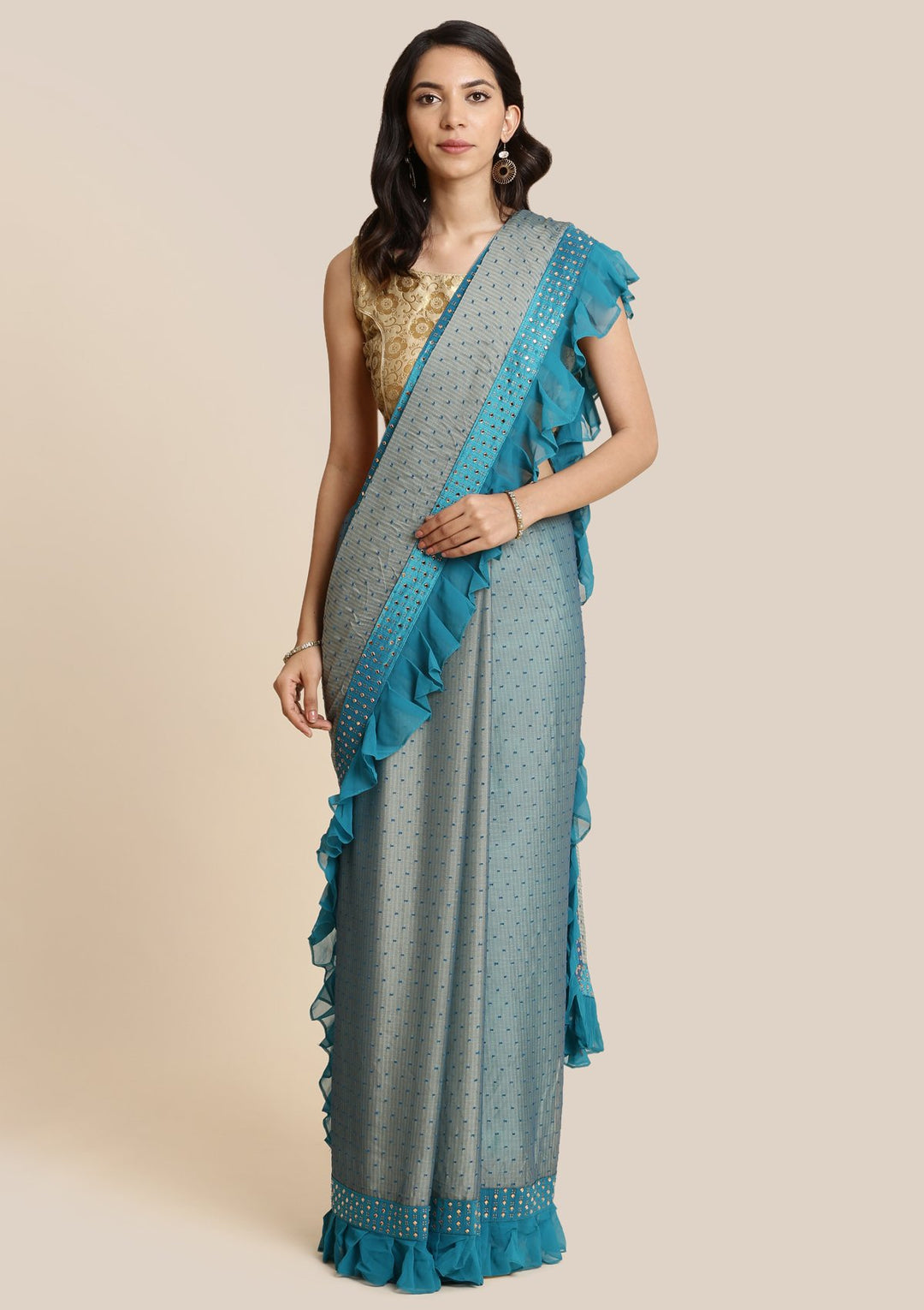 Sea Green Swarovski Georgette Designer Saree-Koskii