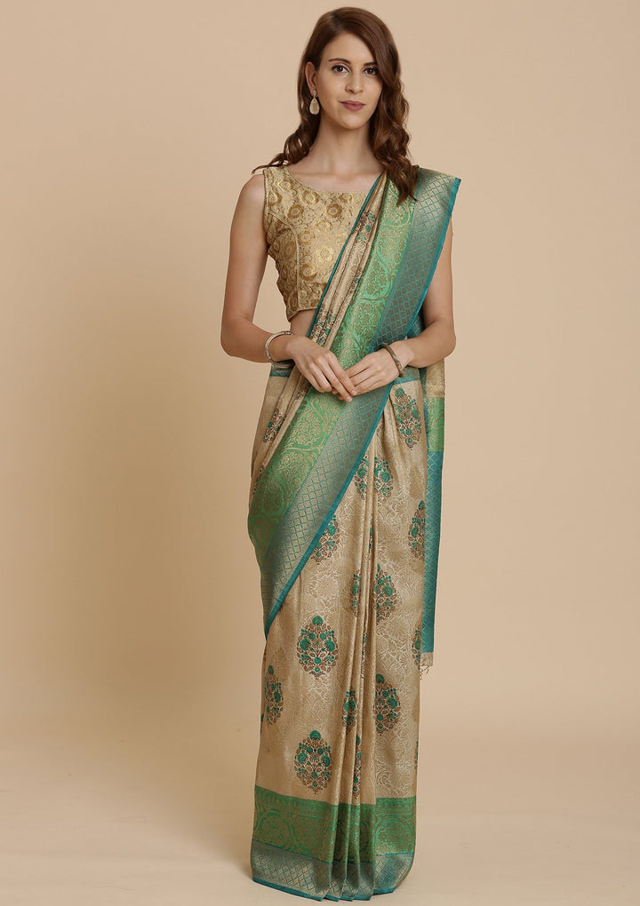 Green and Cream Art Silk Designer Saree-Koskii