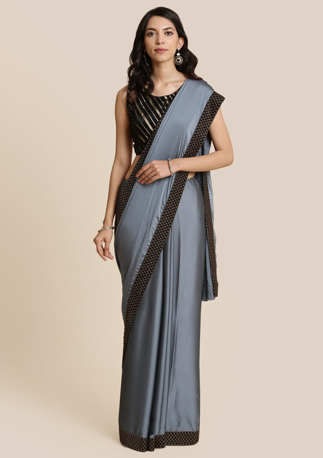 Light Grey Swarovski Georgette Designer Saree-Koskii