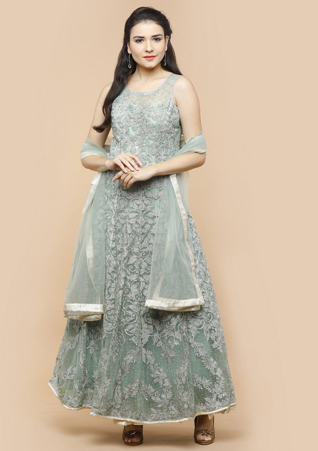 Teal Green Threadwork Net Designer Gown-Koskii