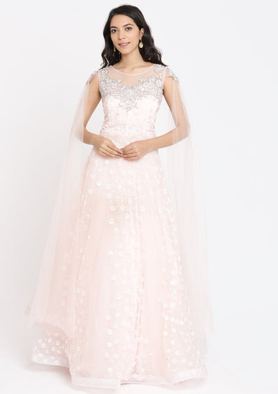 Baby Pink Sequins Net Designer Gown-Koskii