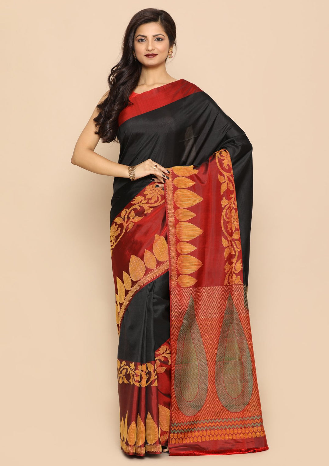 Black and Red Handwoven Saree-Koskii