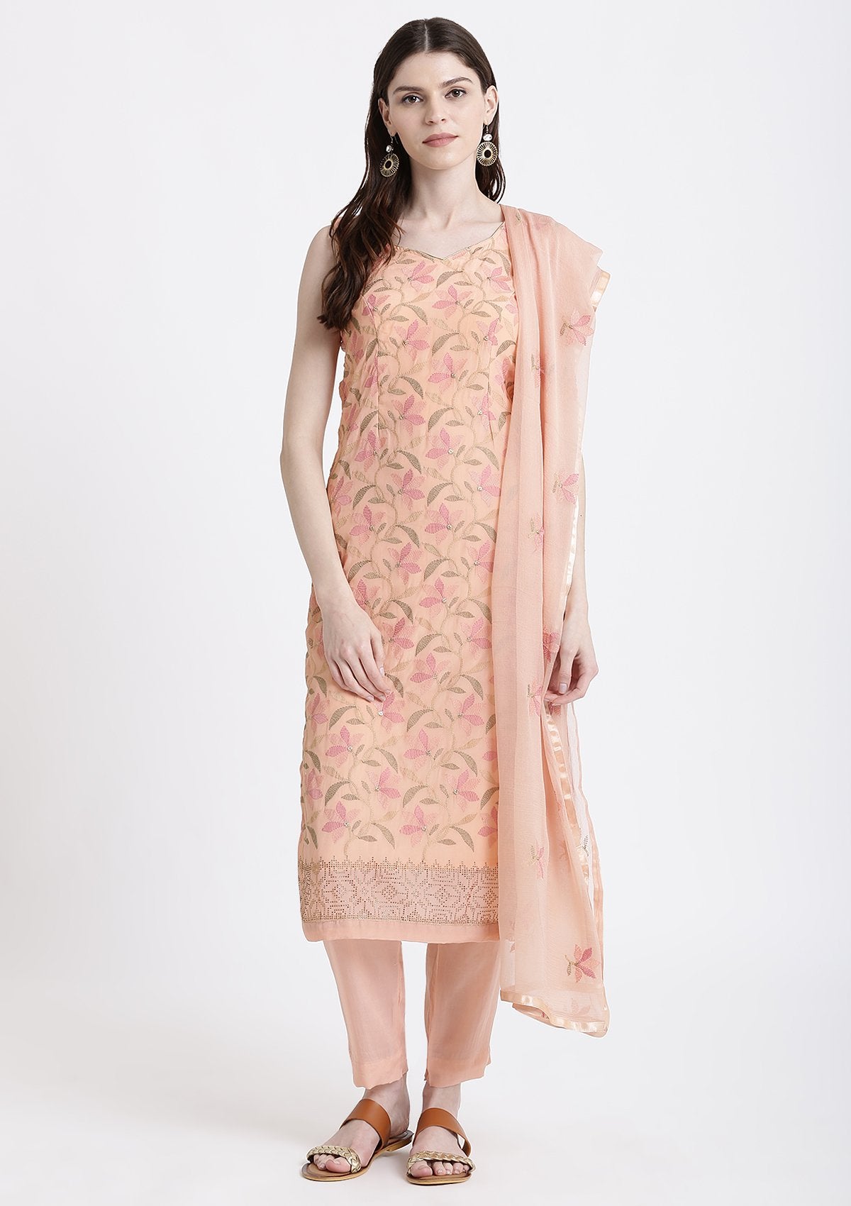 Peach Swarovski Semi Crepe Designer Salwar Suit-Koskii