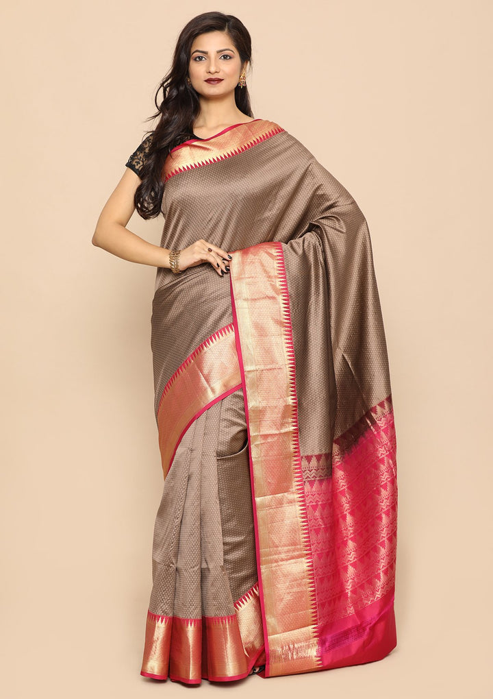 Brown Contrast Border Handmade Saree-Koskii