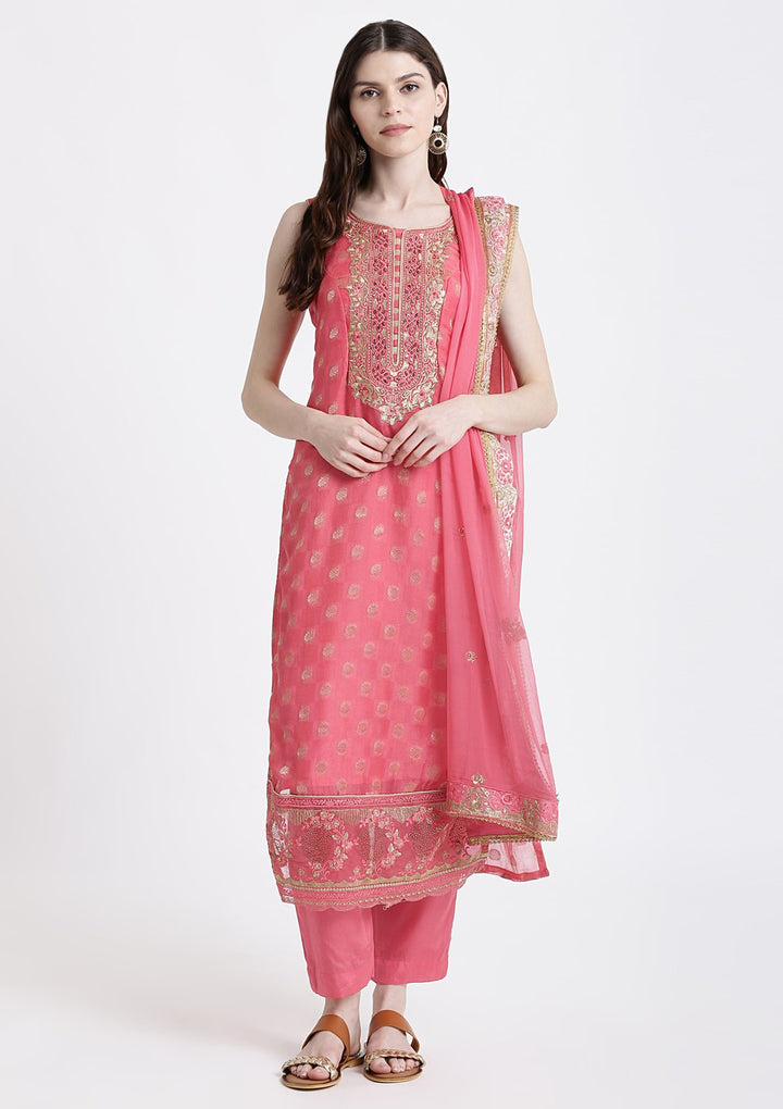 Pink Zari Work Chanderi Designer Salwar Suit-Koskii