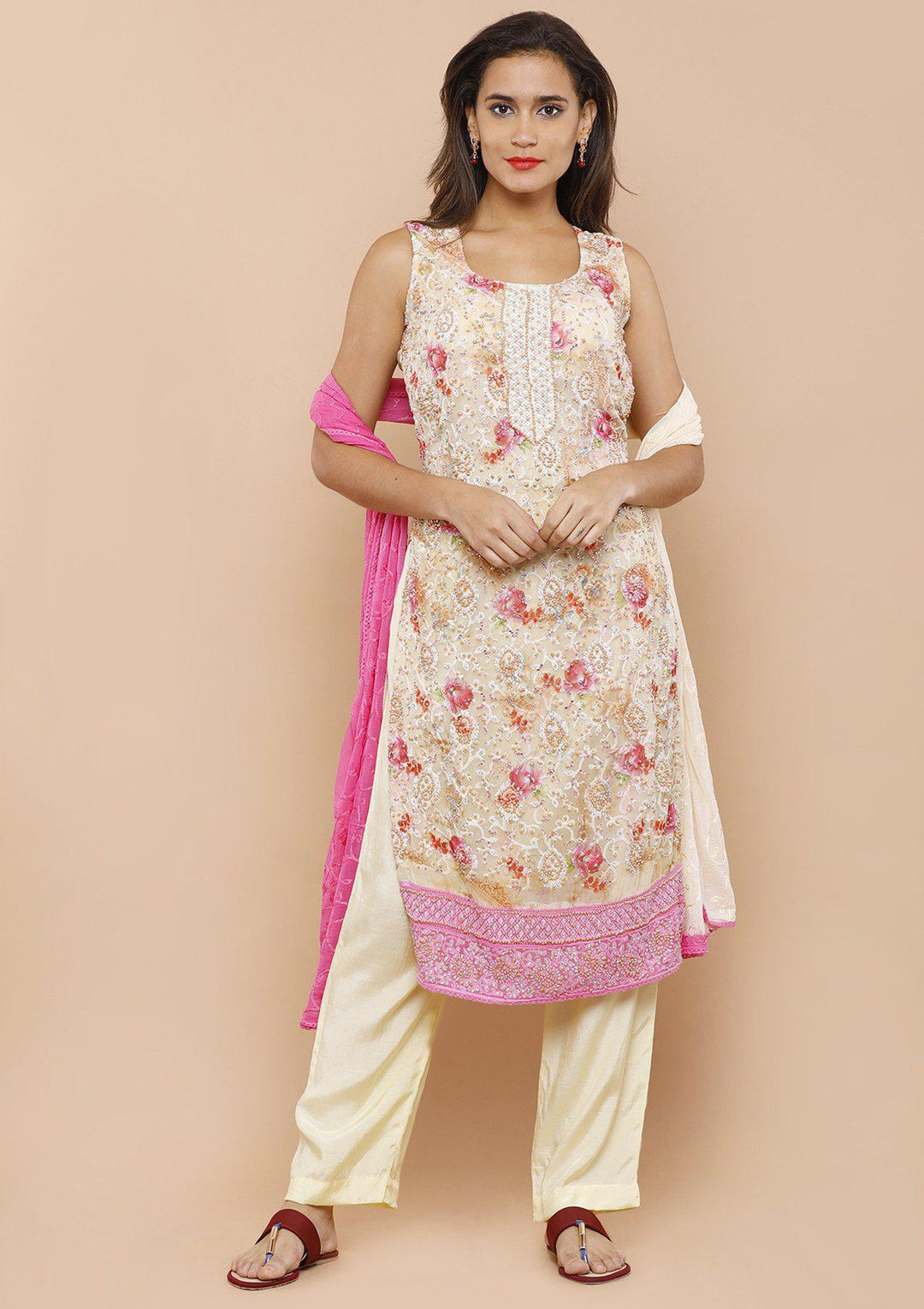 Cream and Pink Georgette Designer Salwar Suit-Koskii