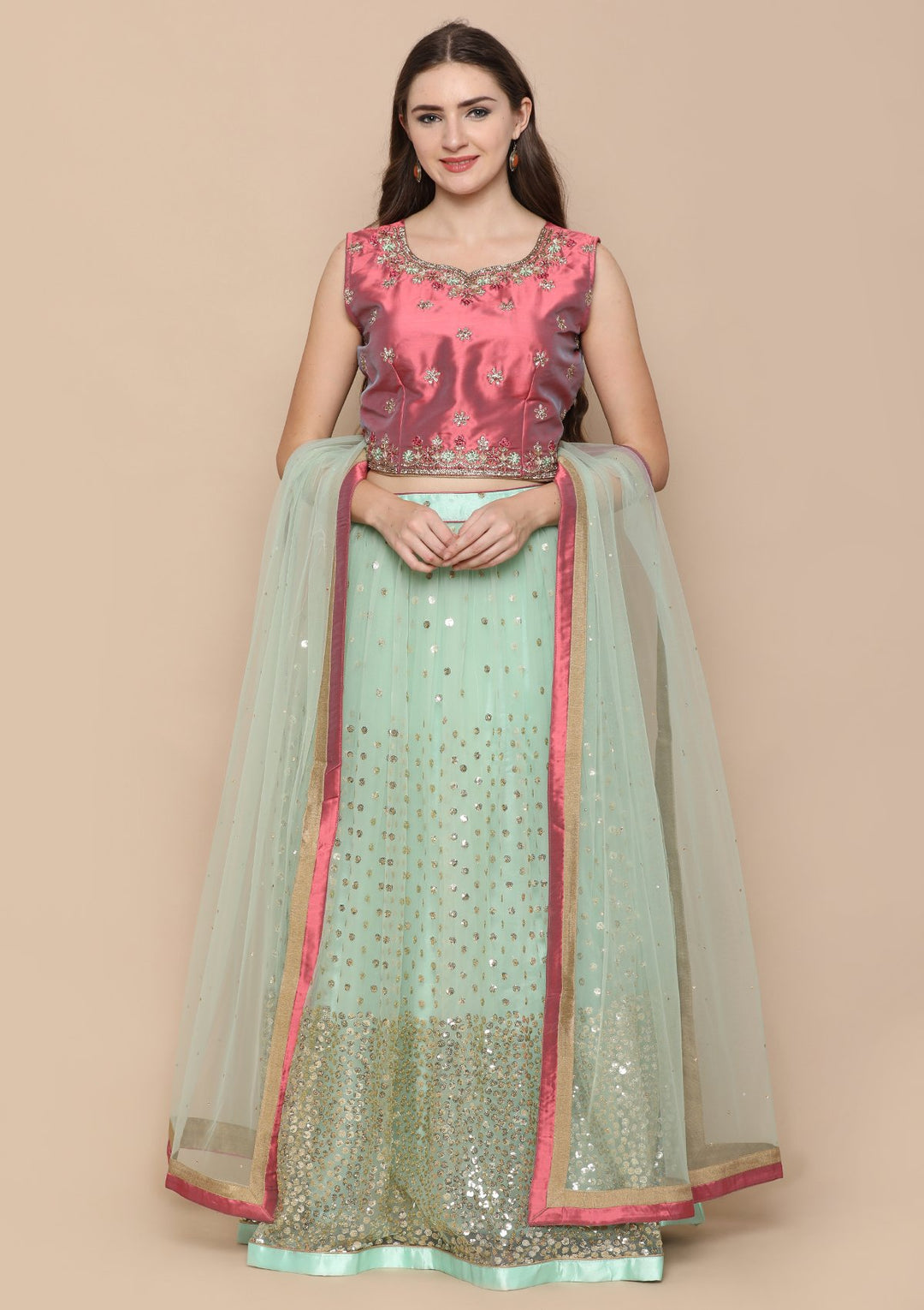 Pista Green Bead Work Tafetta Designer Lehenga-Koskii