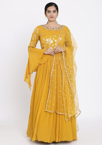 Mustard Sequins Georgette Designer Gown - koskii