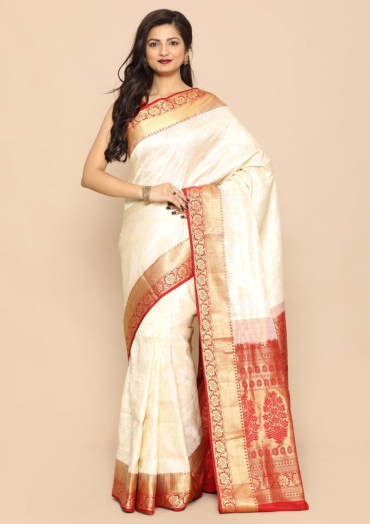 Red and White Handwoven Saree-Koskii