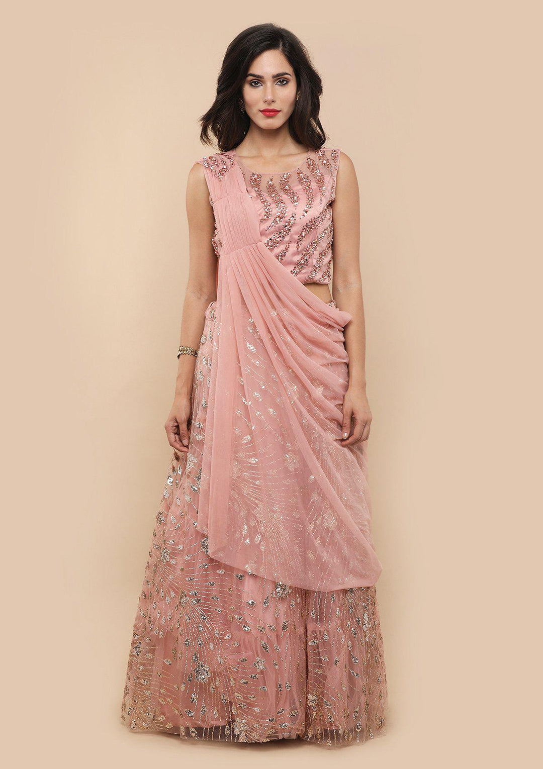 Dusty Rose Drape Net Designer Lehenga-Koskii