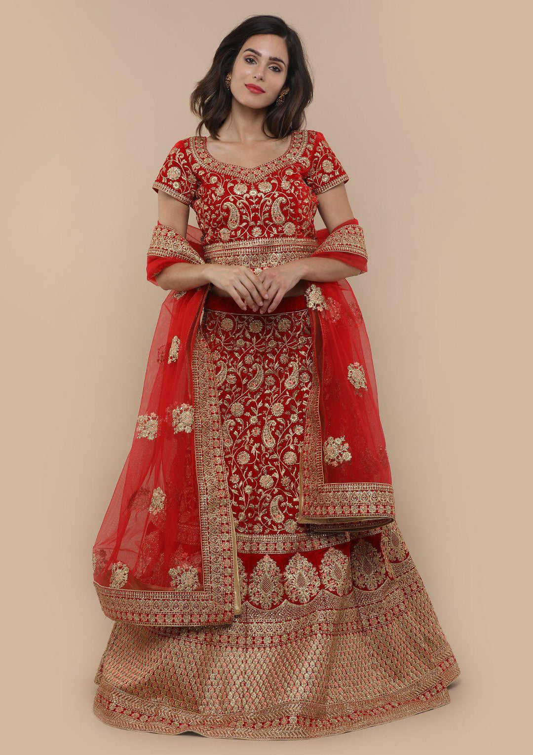 Red Stone Work Velvet Designer Lehenga-Koskii