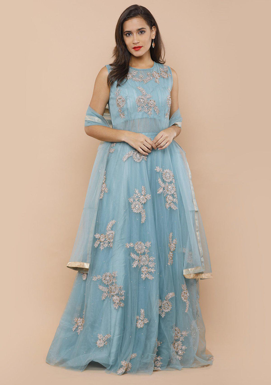 koskii teal blue floral net gown-Koskii