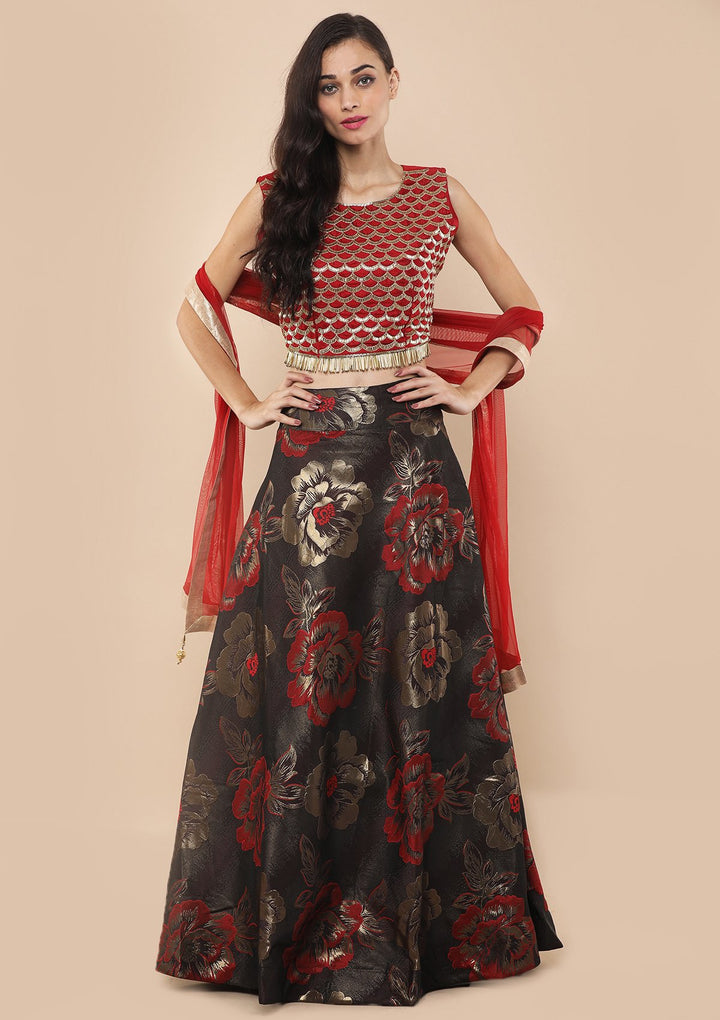 Cherry Red Cutdana Brocade Designer Lehenga-Koskii