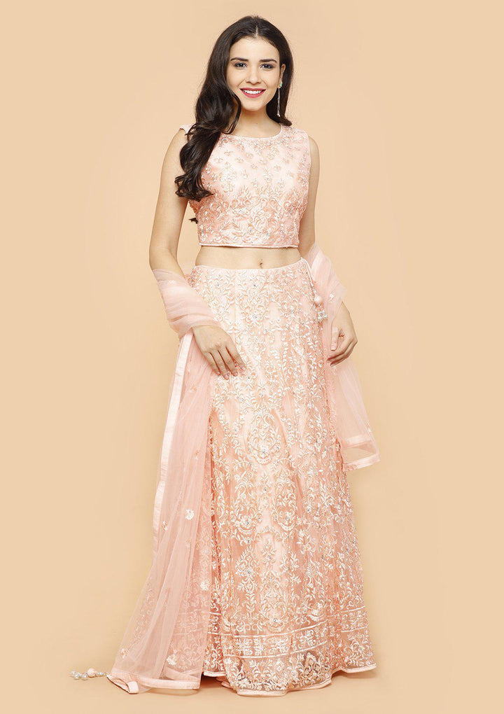 Peach Threadwork Net Designer Lehenga-Koskii