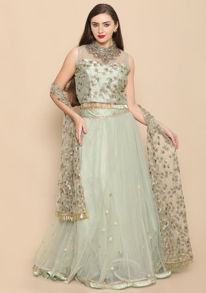 Green Zari Work Net Designer Lehenga-Koskii