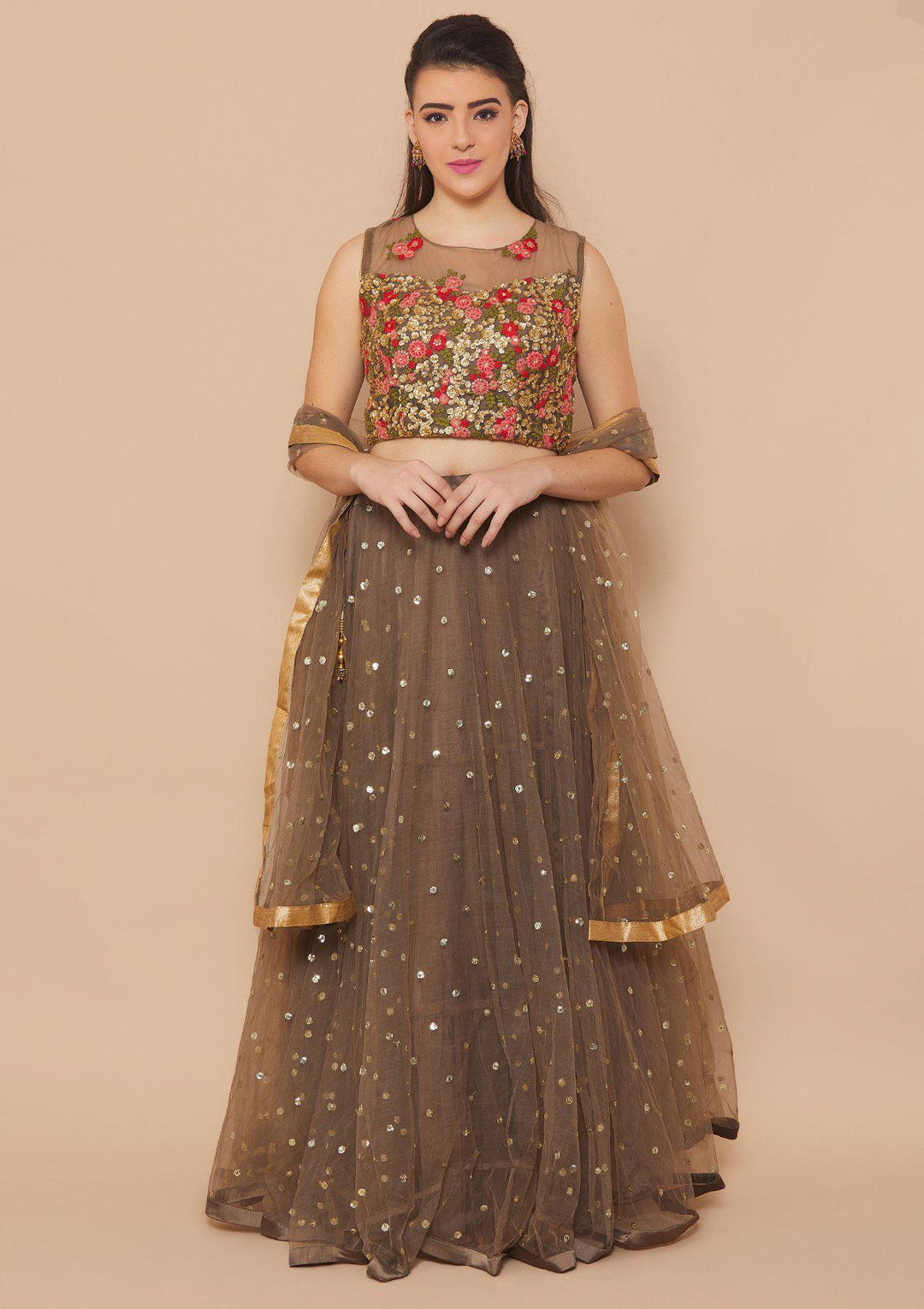Koskii Zariwork Net BROWN Lehenga-Koskii