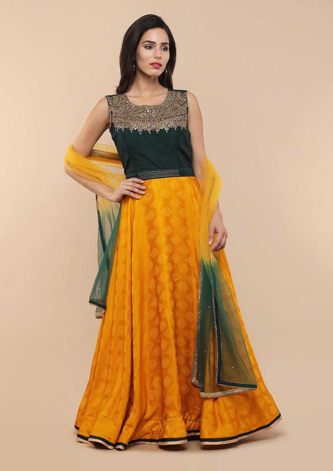 Koskii Green and Yellow Brocade Gown-Koskii