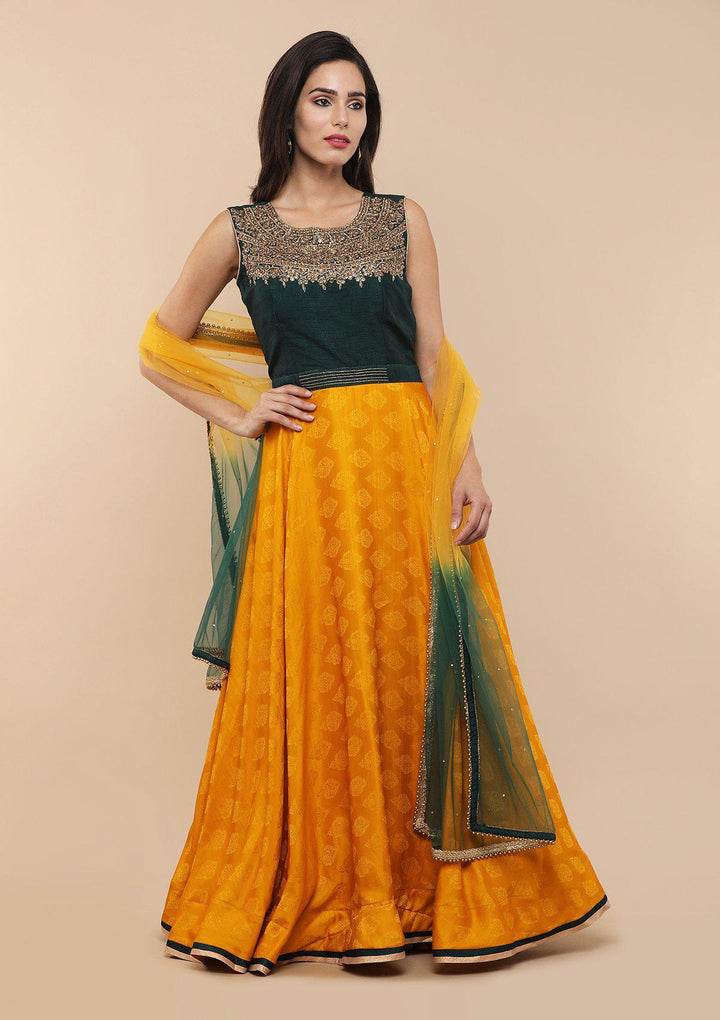 Koskii Green and Yellow Brocade Gown-Koskii