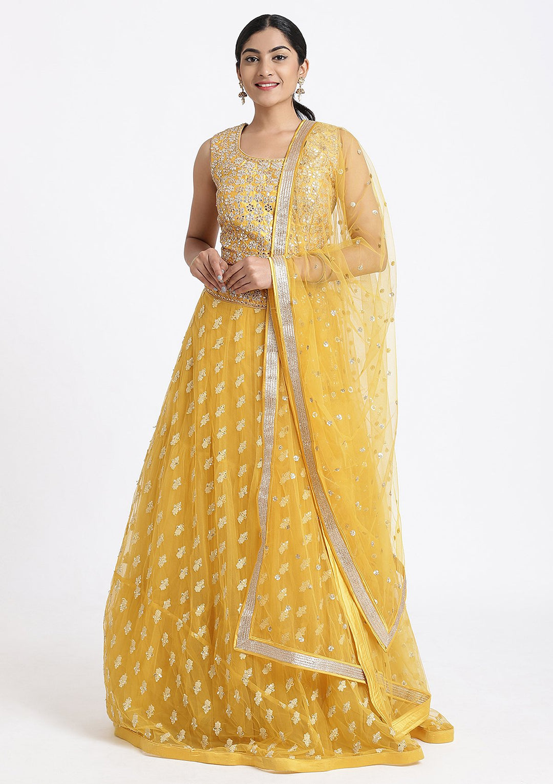Yellow Gota Patti Net Designer Lehenga-Koskii
