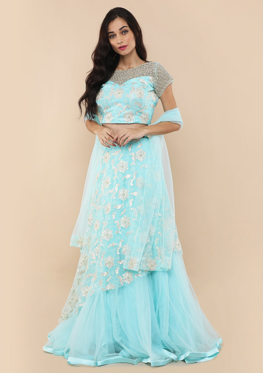 Light Blue Floral Thread Work Designer Lehenga-Koskii