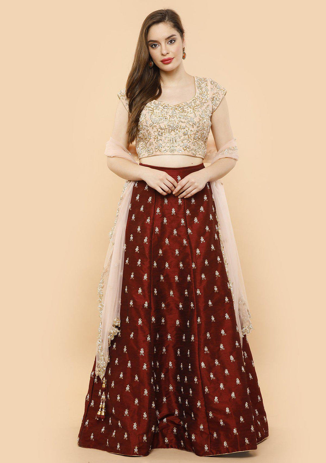 KOSKII rawsilk maroon and pink bridal lehenga-Koskii