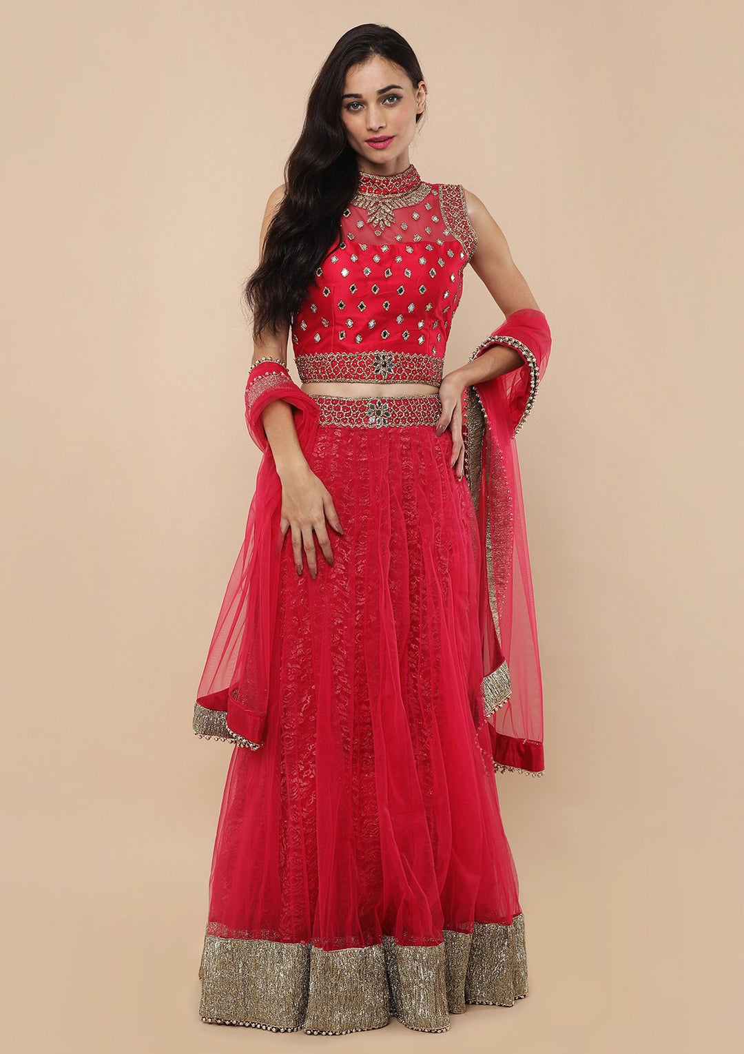 Pink Bead Work Silk Designer Lehenga-Koskii