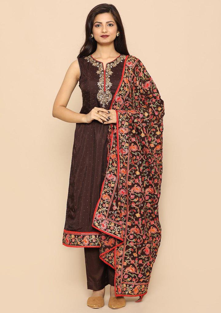 Brown Threadwork Designer Salwar Suit-Koskii